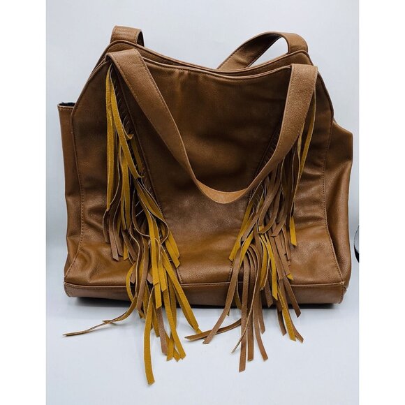 Kensie Brown Faux Leather Fringe Large Tote Shoulder Bag - Picture 1 of 6